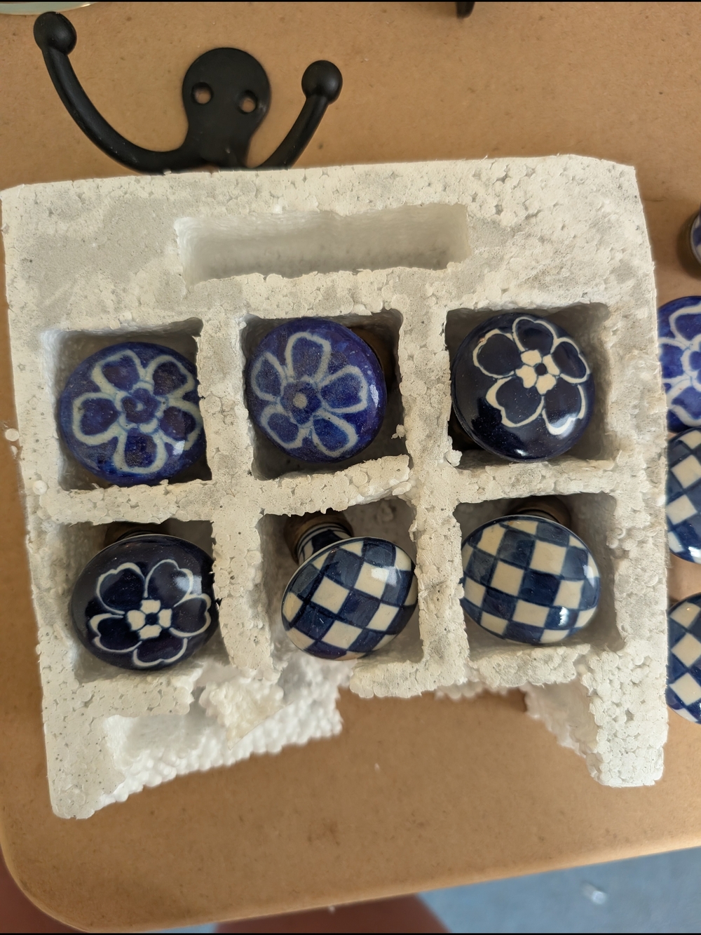 Blue and White Ceramic Drawer Knobs - Floral and Checkered Set